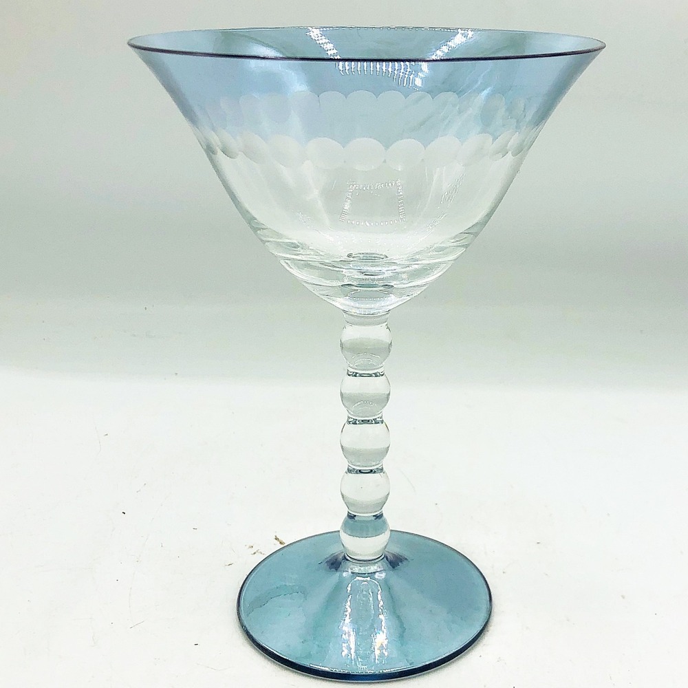 Blue Tinted Etched Wine Glass With‎ Bumpy Stem
